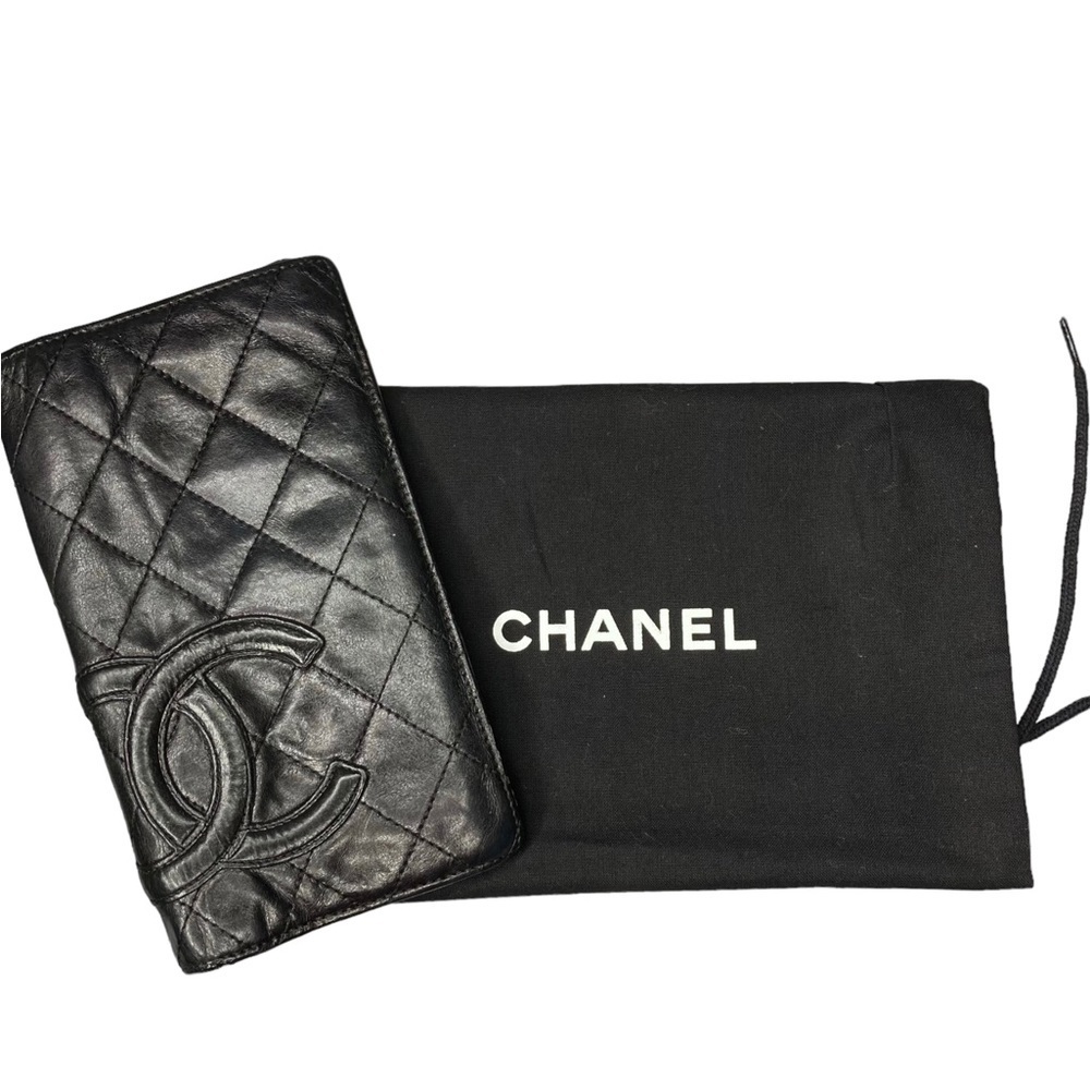 Authentic CHANEL Cambon Black Quilted Lambskin Leather & Black CC Long Wallet